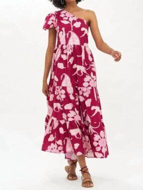 Oliphant Lamu One Shoulder Cotton Poplin Maxi Dress Magenta Pink Pockets M